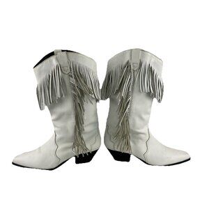 1990s ACME Sz 8.5 White Fringe Cowboy Boots Women Cowgirl Line Dancing
